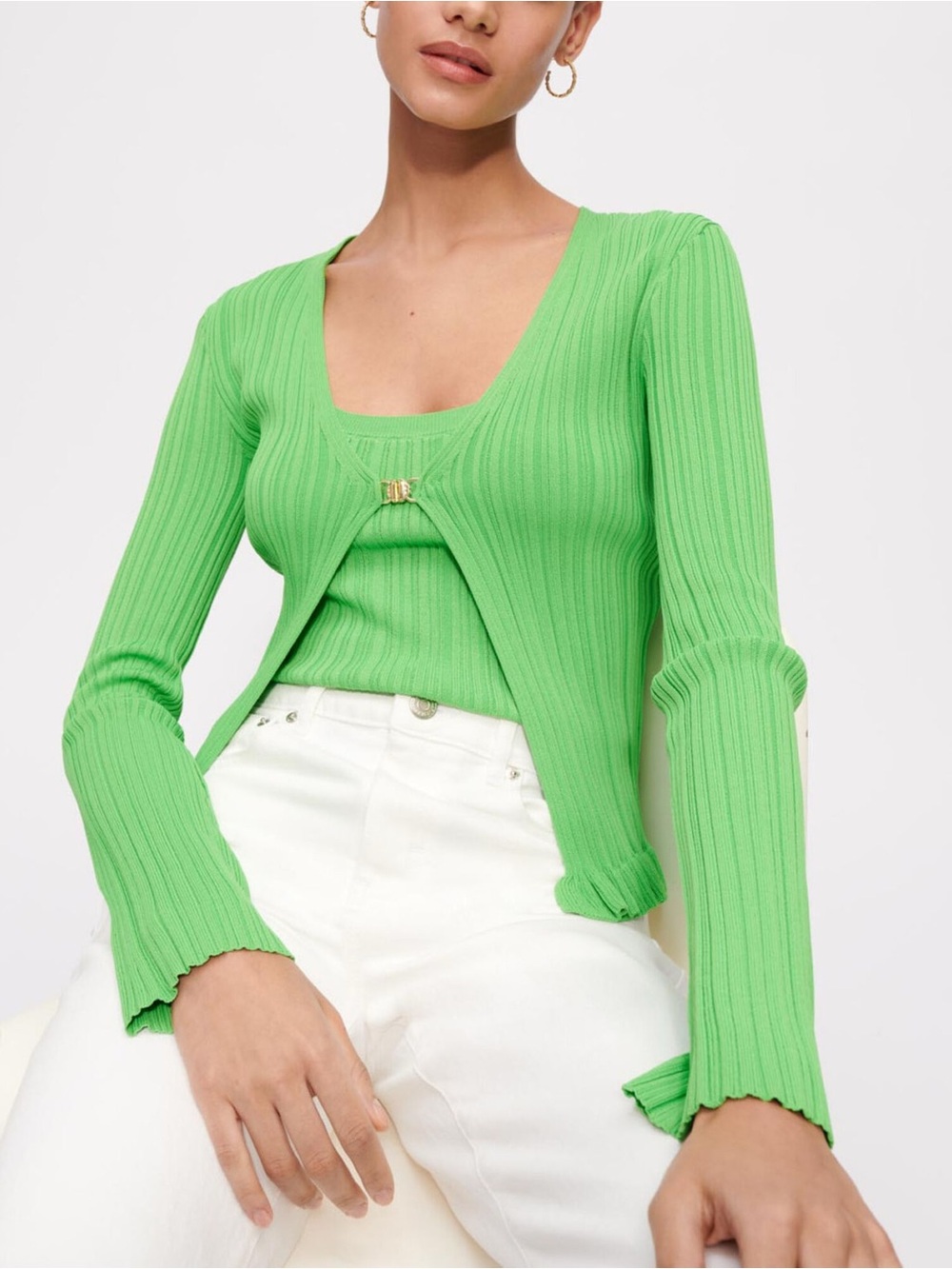 Maje Ribbed & Ruffled Twinset Cardigan & Tank in Green 💚 - New - Size 2 (US M)